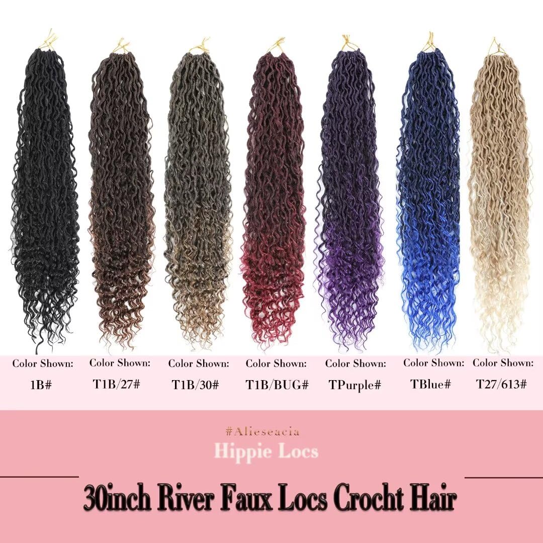 New Goddess Locs Crochet Hair 30inch Long River Faux Locs Braids with Curly End Long Boho Hippie Locs Style Synthetic Hair Extensions (30" 6Packs 1B#)