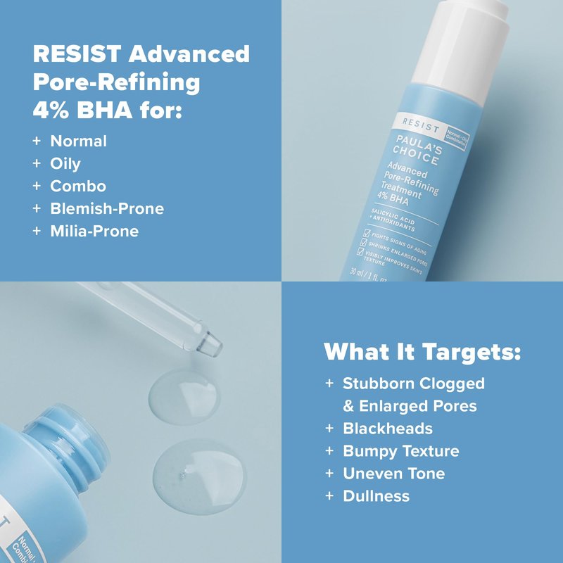 Paula's Choice RESIST Advanced Pore Refining Treatment 4% BHA Serum, Face Exfoliator with Salicylic Acid, Green Tea, Anti-Aging Exfoliant for Oily, Normal, Combination Skin, Fragrance-Free, 1 Fl Oz.