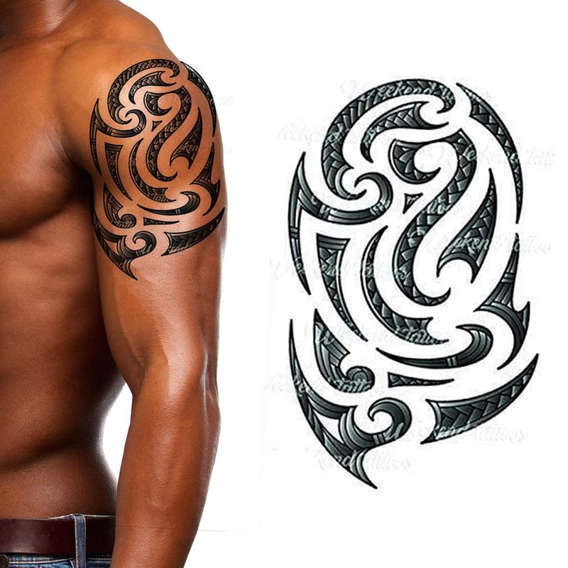 Tatodays 4 Pack Stick on black temporary tattoo maui tribal body art sticker transfer for arms shoulder aztec polynesian samoan hawaiian for adult men and women (4 x all tribal tattoo designs)