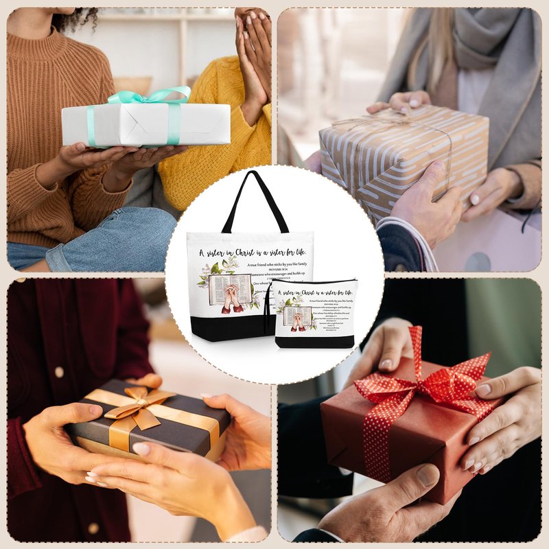 Paterr 6 Pcs 250th Anniversary Christian Tote Bags for Women, Bible Tote Bag and Canva Makeup Bag Inspirational Gifts for Teacher Nurse Ladies Sister Birthday Friendship Old Maids (Sister in Christ)