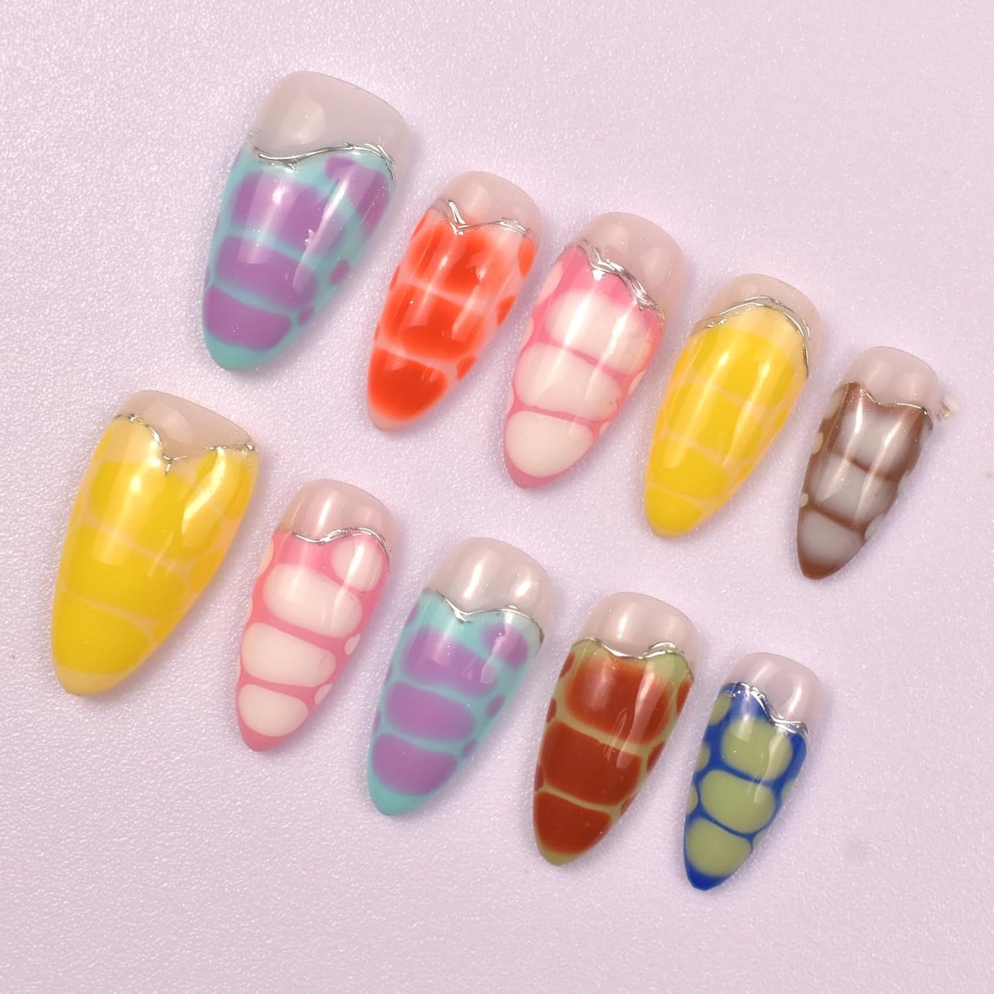 3D Blue Almond Press-On Nails with Carved Flower & Bubble Pearl - Handmade Acrylic Manicure, Medium Size