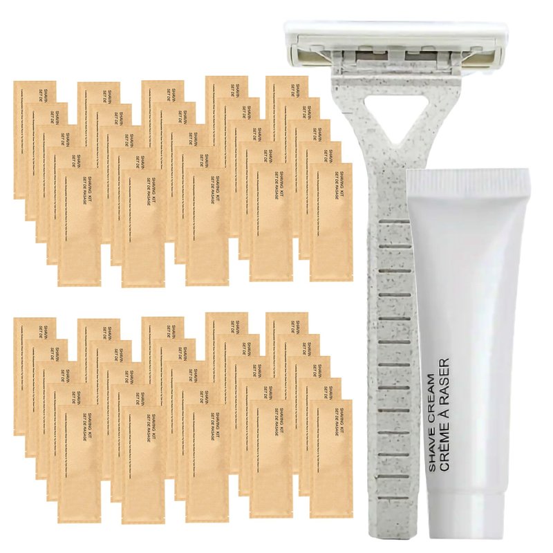 World Amenities Kraft Paper Shave Kit - Bulk Homeless Care Package - Dual Blade Safety Razor and Shave Cream Set (50 Pack)