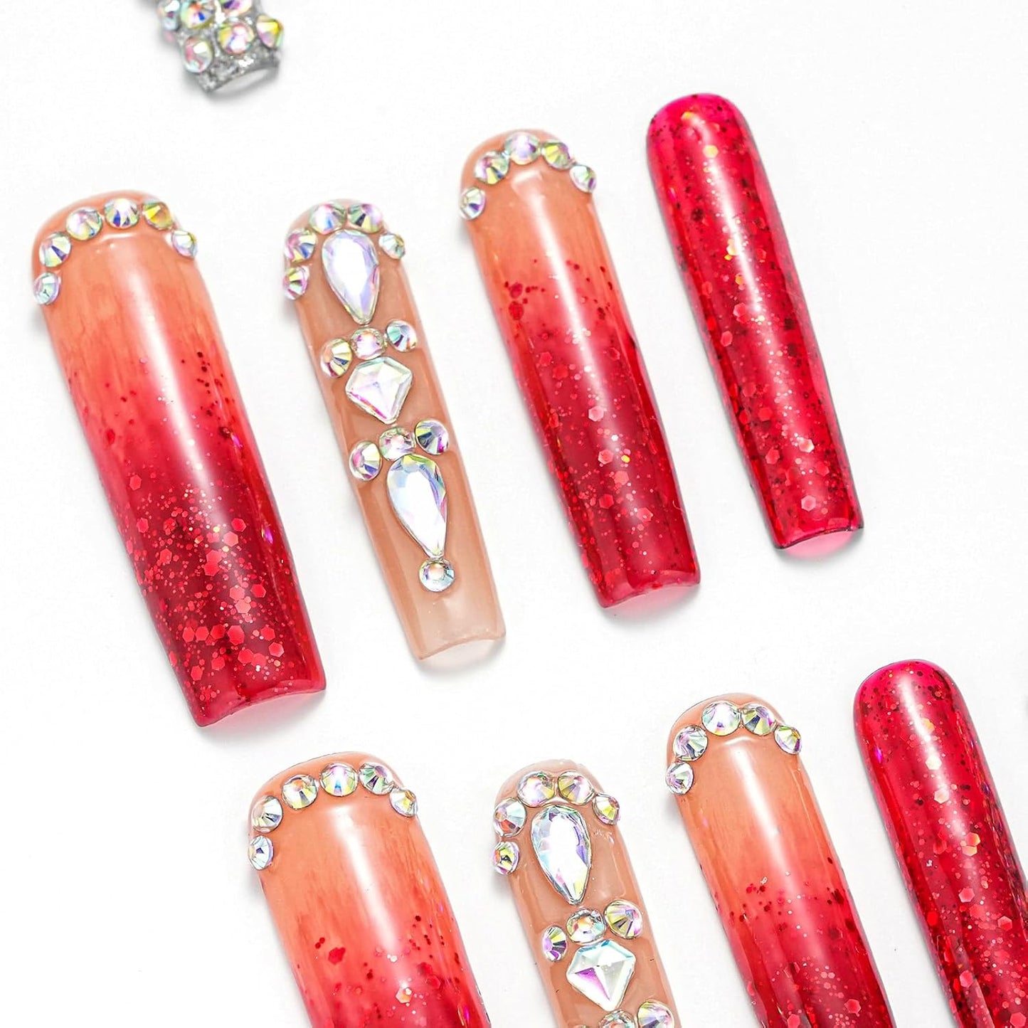 Luxury Ombre Red Glitter Press-On Nails Set - Long Square Glue-On Nails with Full Gem Coverage for Women & Girls (10 Pcs, Red-M)