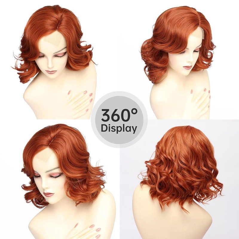 Short Lace Wavy Copper Red Wig for Women - Natural Synthetic Curly Hair, 14 Inch