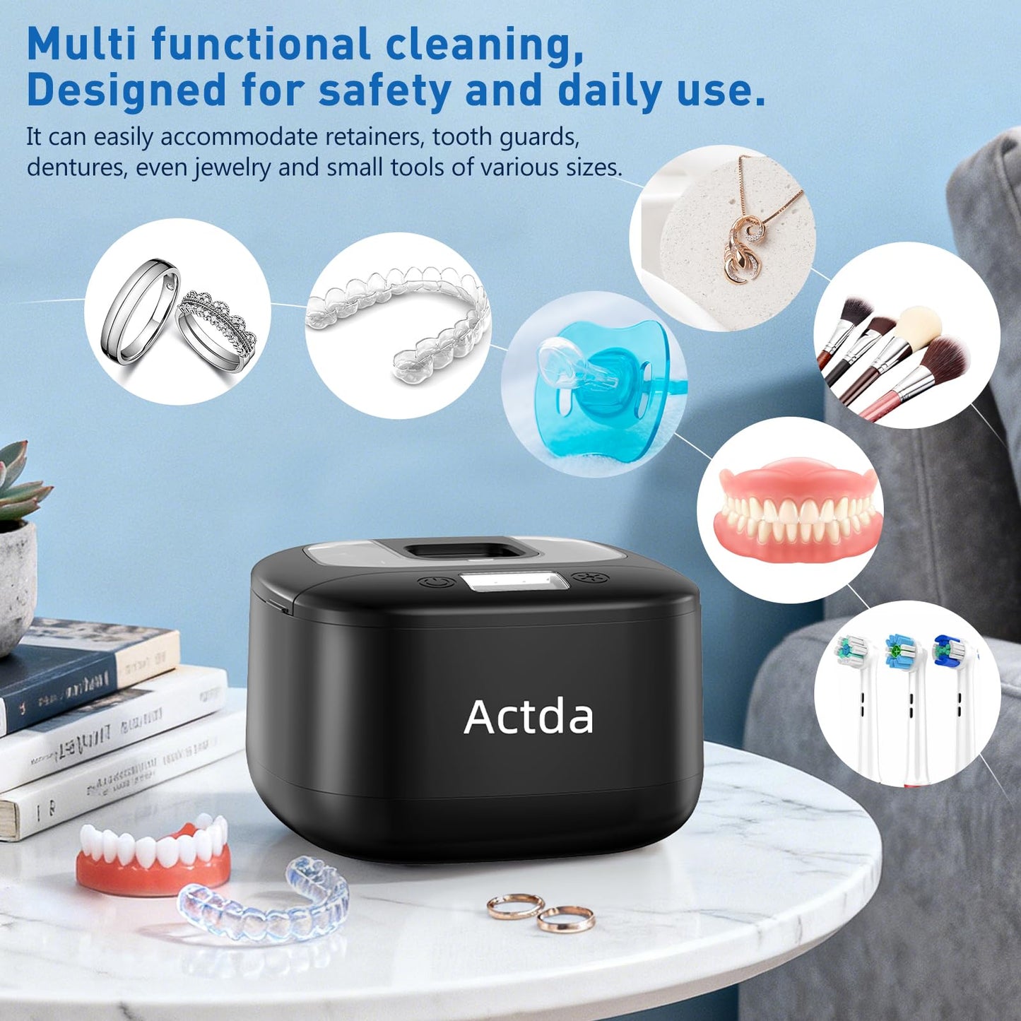 Actda Ultrasonic Retainer Cleaner, Upgraded Wireless Professional Sonic Dental Cleaning Machine, Dental Cleaning Capsule, Night Guard Cleaner for Dentures,