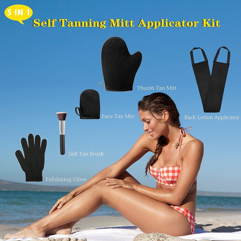 5 Pack Self Tanning Mitt Applicator Kit - Face Tan Mitt, Back Lotion Applicator, Exfoliating Glove, Tanning Brush,Mini Tanner Mitt