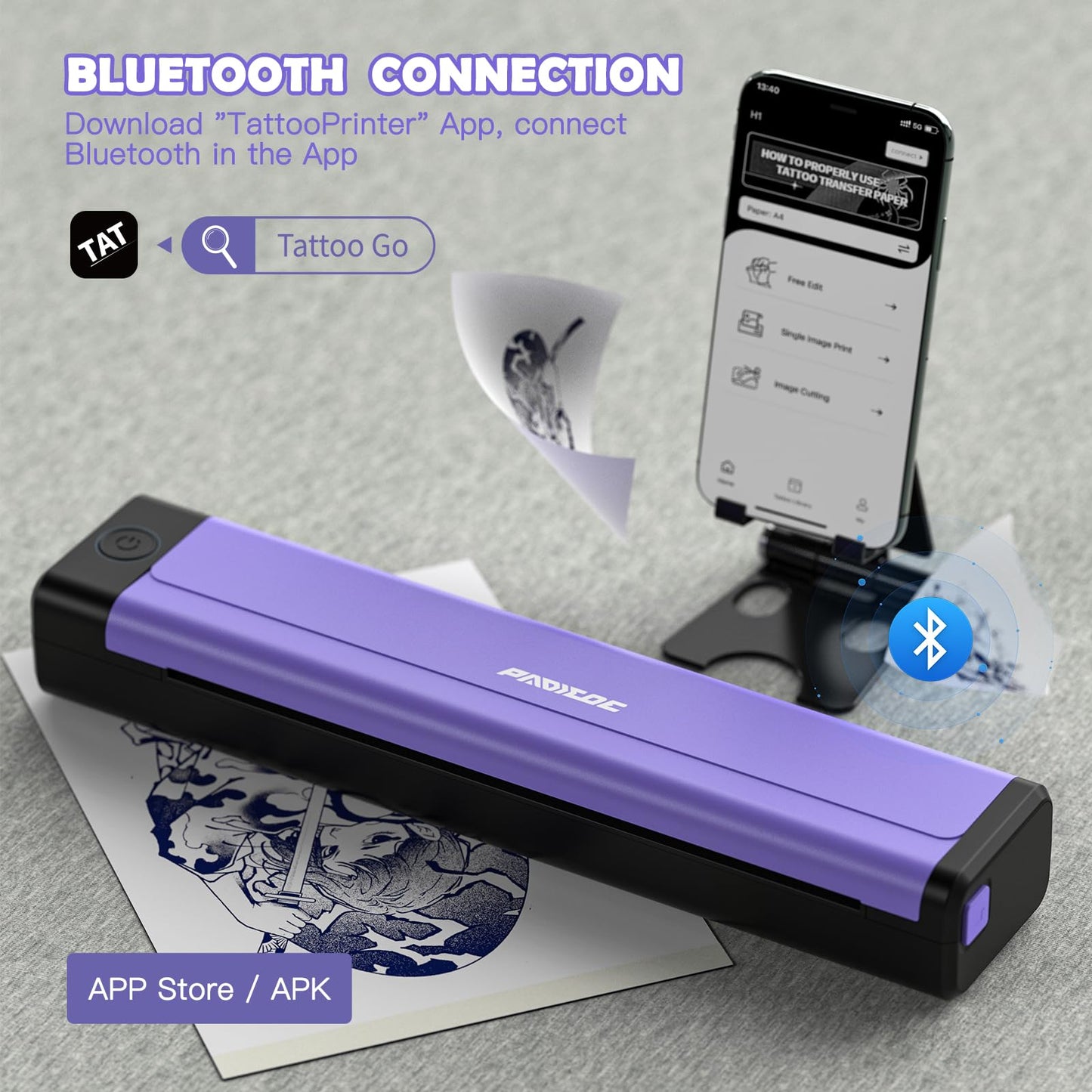 Padieoe Tattoo Stencil Printer with 10Pcs Transfer Paper - Bluetooth, Wireless, 2000mAh - Portable Thermal Printer Machine for Tattooist- 11.5x2.6x1.8in - Purple