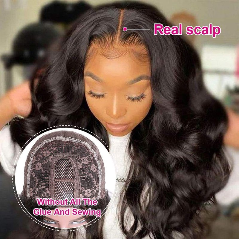 Amella Human Hair U Part Wig Body Wave Wigs for Black Women 150% Density U Shape Clip in Half Wig Glueless Wigs Full Head (16inch, Body Wave)