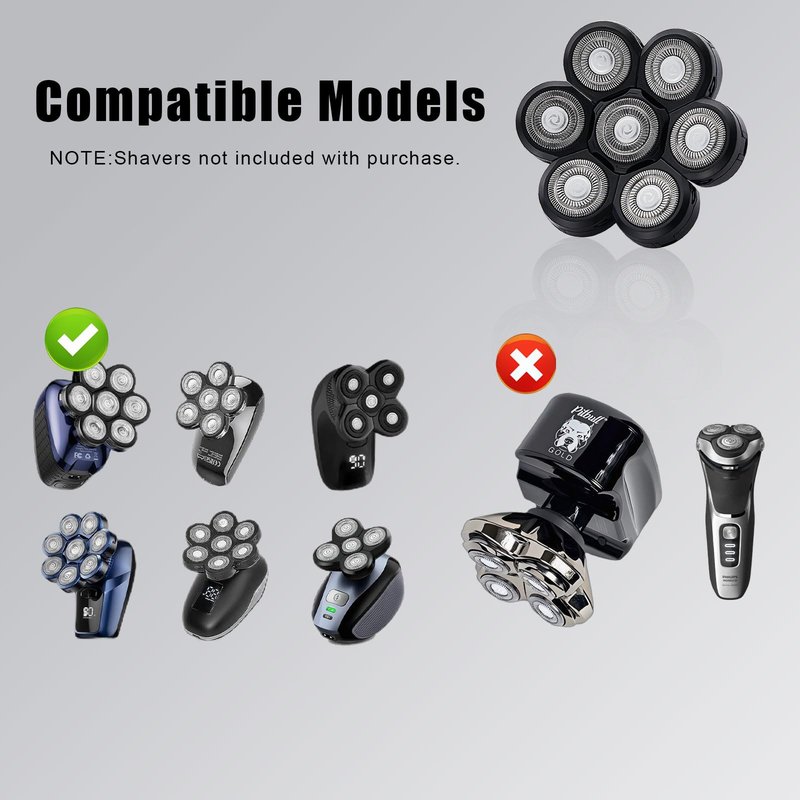 7 Blades Head Shaver Replacement Heads, Universal Fit for Electric Razors, Wet & Dry Use, 7D Floating Design, Stainless Steel Blade Heads, Ideal for Men's Face & Bald Head Shaving (3 Count)