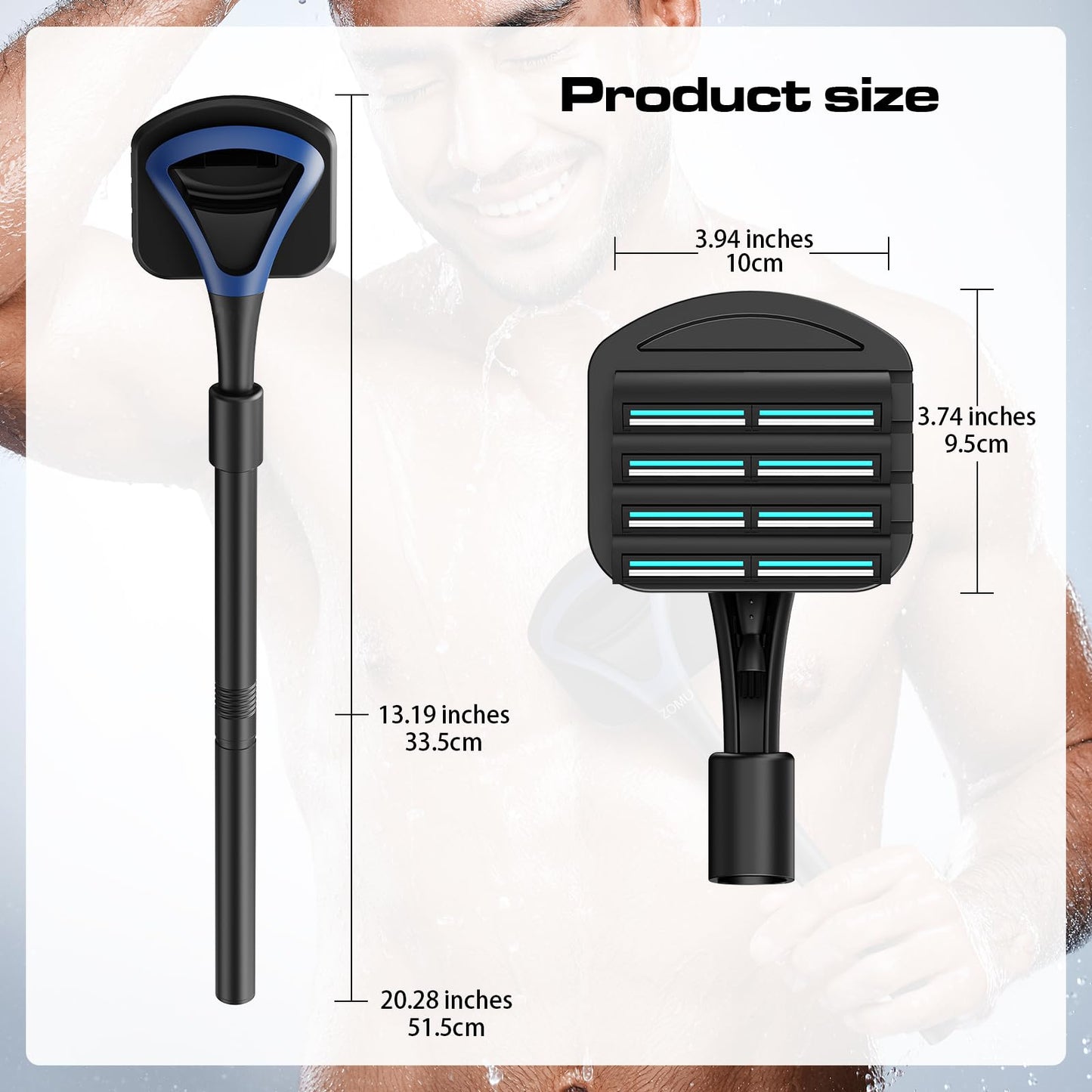 ZOMU Back Shavers for Men:Back Hair Shaver and Body Shavers for Men with Safety Blade Technology & Ergonomic DIY Long Handle, Wet or Dry Shaving-Blue(Replaceable 8PCS 3.5inch Blades Included)