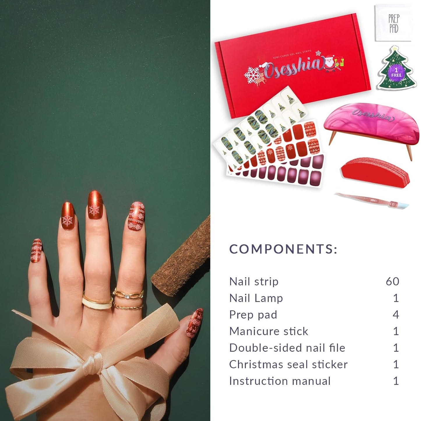Semi Cured Gel Nail Strip Starter Kit - 60 Nail Stickers, UV Lamp & Tools for Salon Quality Christmas Nails