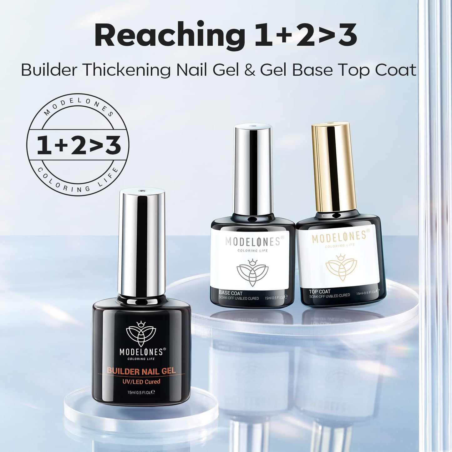 modelones Builder Nail Gel with Gel Top Coat, 3Pcs Clear Builder Nail Kit for Thickening Apex Building Extension Rhinestone Gel Tips Glue, U/V LED Lamp Cured for Home DIY Salon Girls