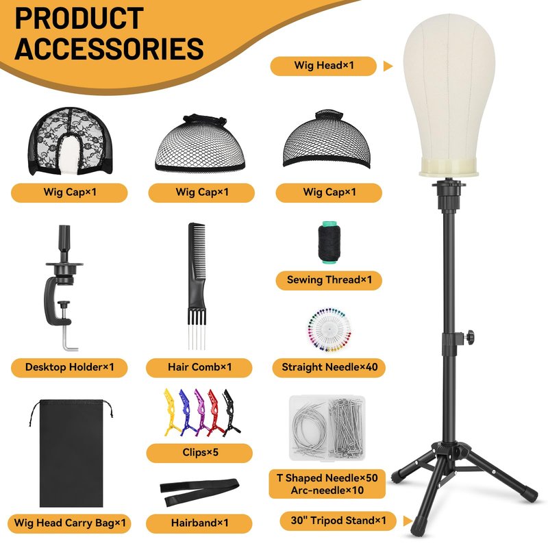 Yekavo Wig Stand with Head 23", Height Adjustable Tripod Stand 30", Wig Head Stand with Canvas Block Mannequin Head, Include Table Clamp Stand, Wig Caps, T Pins for Wigs Styling, Making & Display