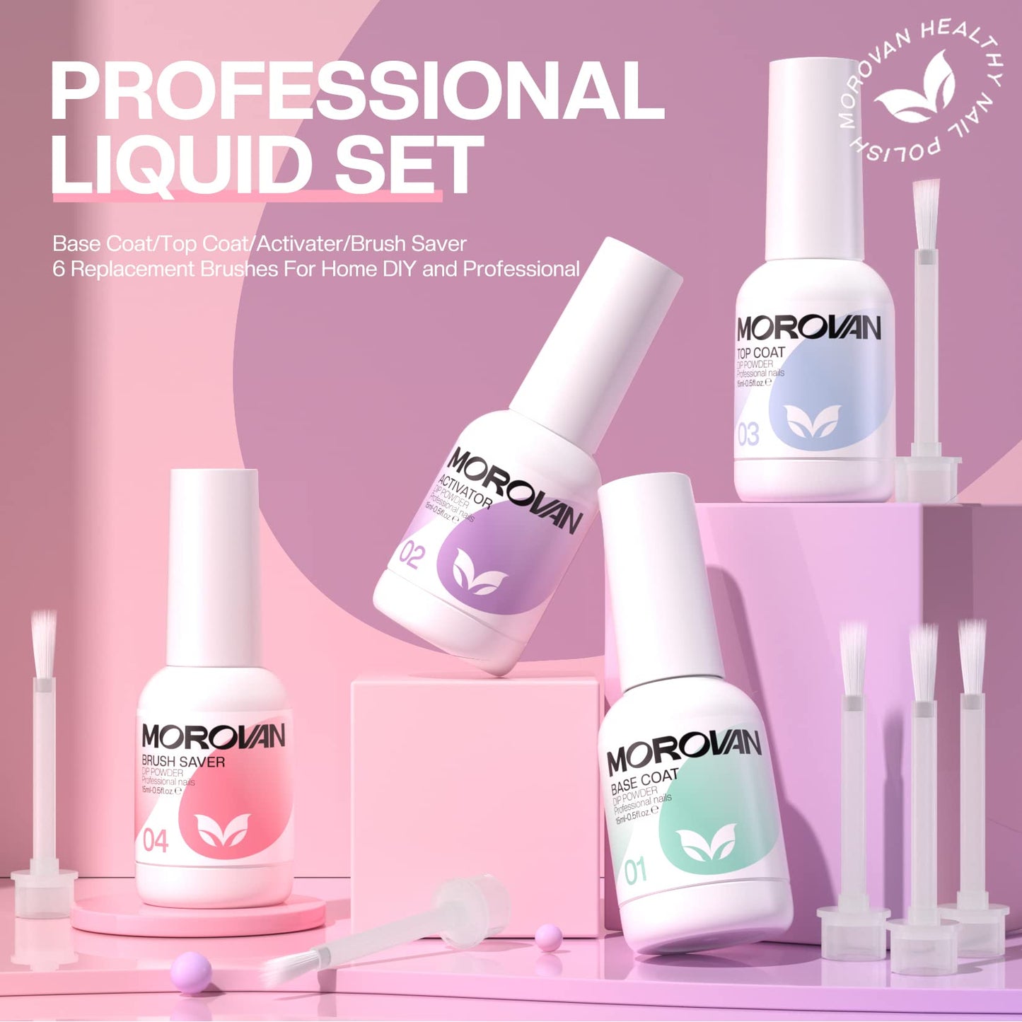 Morovan Dip Powder Liquid Set with Activator Base Top Coat and Dipping Powder Brush Saver 4pcs 0.5oz for Dip Nail Kit