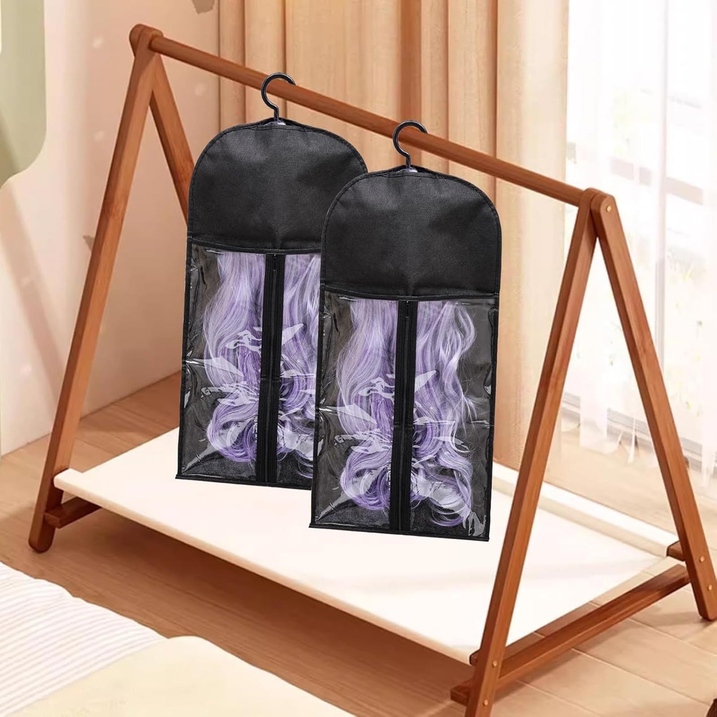 Kneysan 12-PCS Wig Storage Bags with Hangers – Premium Hair Extension Organizer for Multiple Wigs, 60cm x 30cm Dust-Proof Closet Savers (Black)