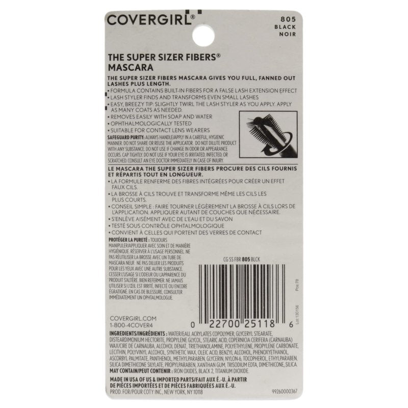 COVERGIRL Super Sizer Fibers Mascara, Black 805, 0.35 Ounce (Packaging May Vary) Volumizing Mascara with Brush
