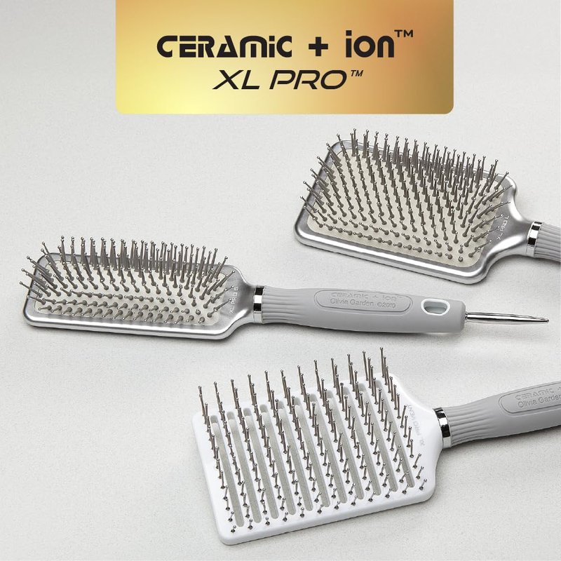 Olivia Garden Ceramic + Ion XL Pro Hair Brush - Paddle Brush for All Hair Types - Smooths and Adds Shine, Large Paddle, Silver