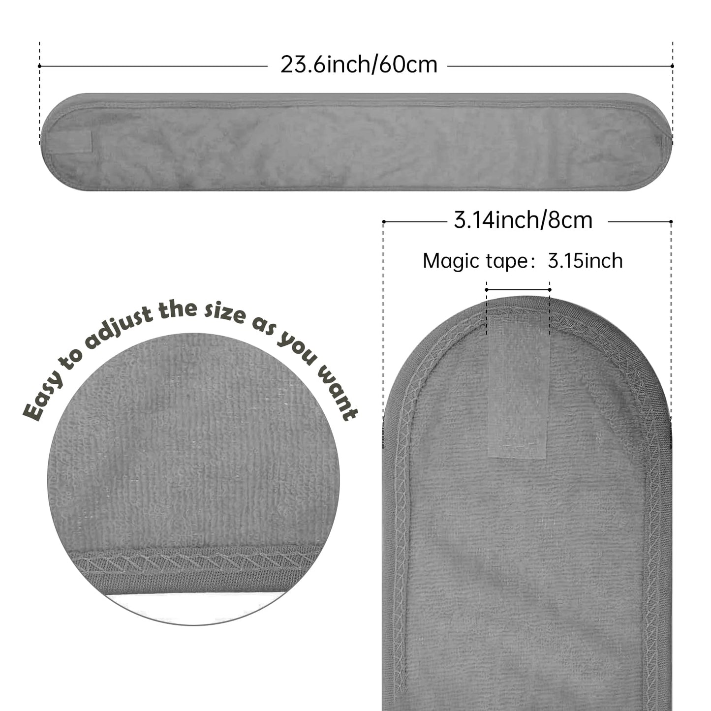 JACYUIG 30 Pack Spa Headband Bulk Spa Facial Headband Adjustable Skincare Head Wrap with Non Slip Tape for Washing Face Makeup Shower Sport Facial Mask Yoga,Gray