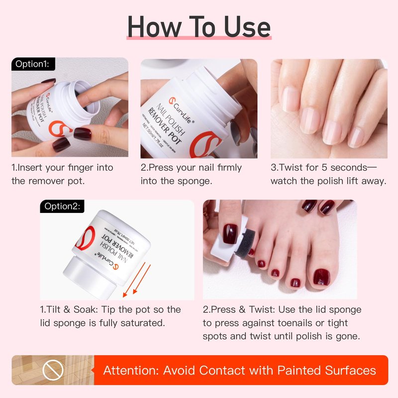 Curvlife Acetone-Free Nail Polish Remover Pot, Quick Removal & Gentle on Skin, Jojoba Oil & Sponge Applicator for Home Salon, 50ml/1.7 fl oz Nail Care