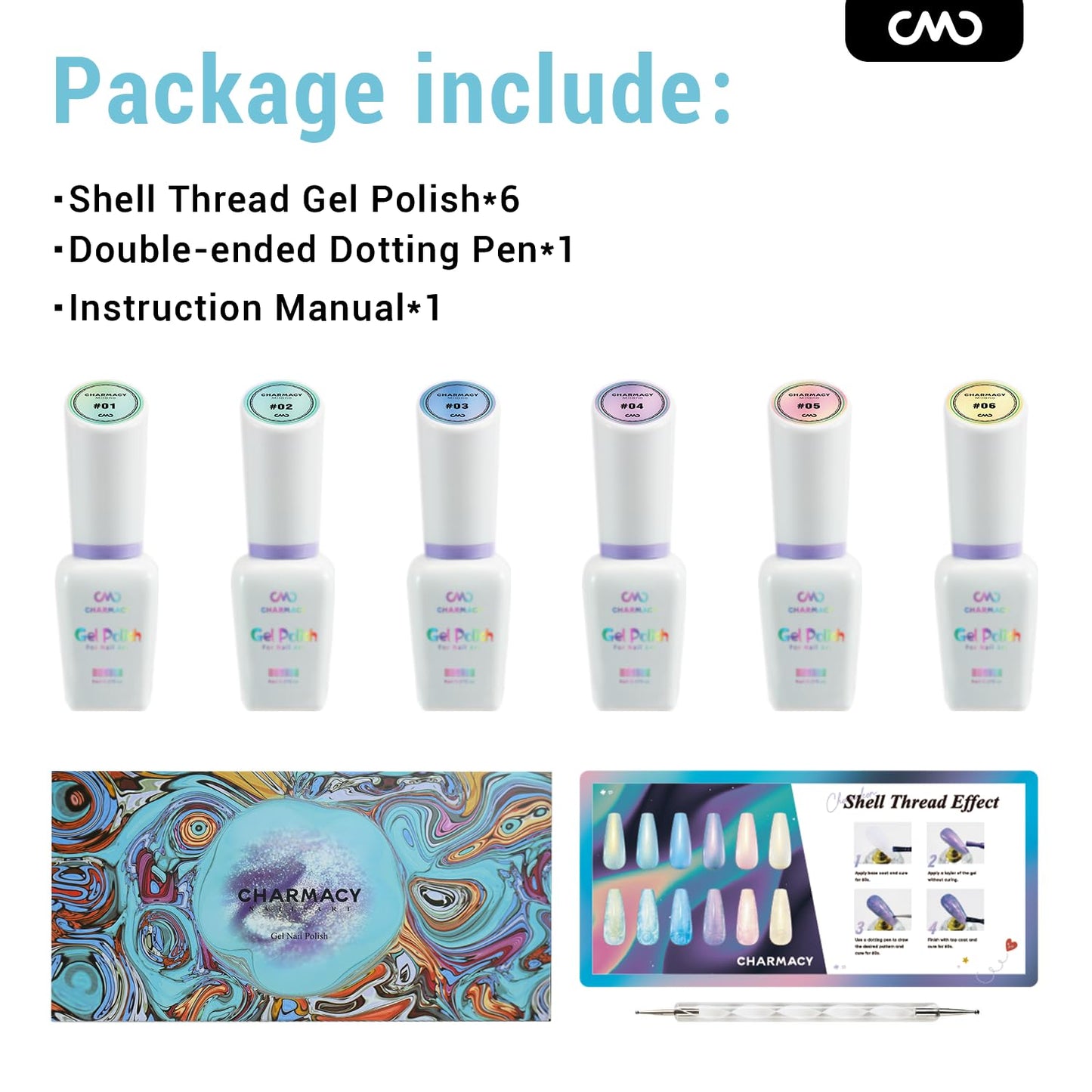 CHARMACY Pearl Gel Nail Polish Set - 6 Colors Shimmer Blue Pink Yellow Shell Gel, Aurora Shell Effect, Mermaid Nails LED UV Soak Off