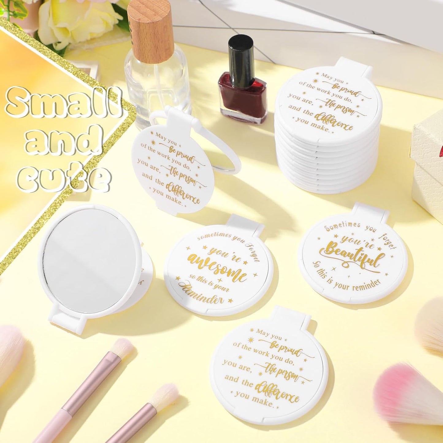 Inspirational Mini Compact Mirrors - 64 Pcs Bulk Set for Women | Perfect Party Favors & Travel Gifts (White)