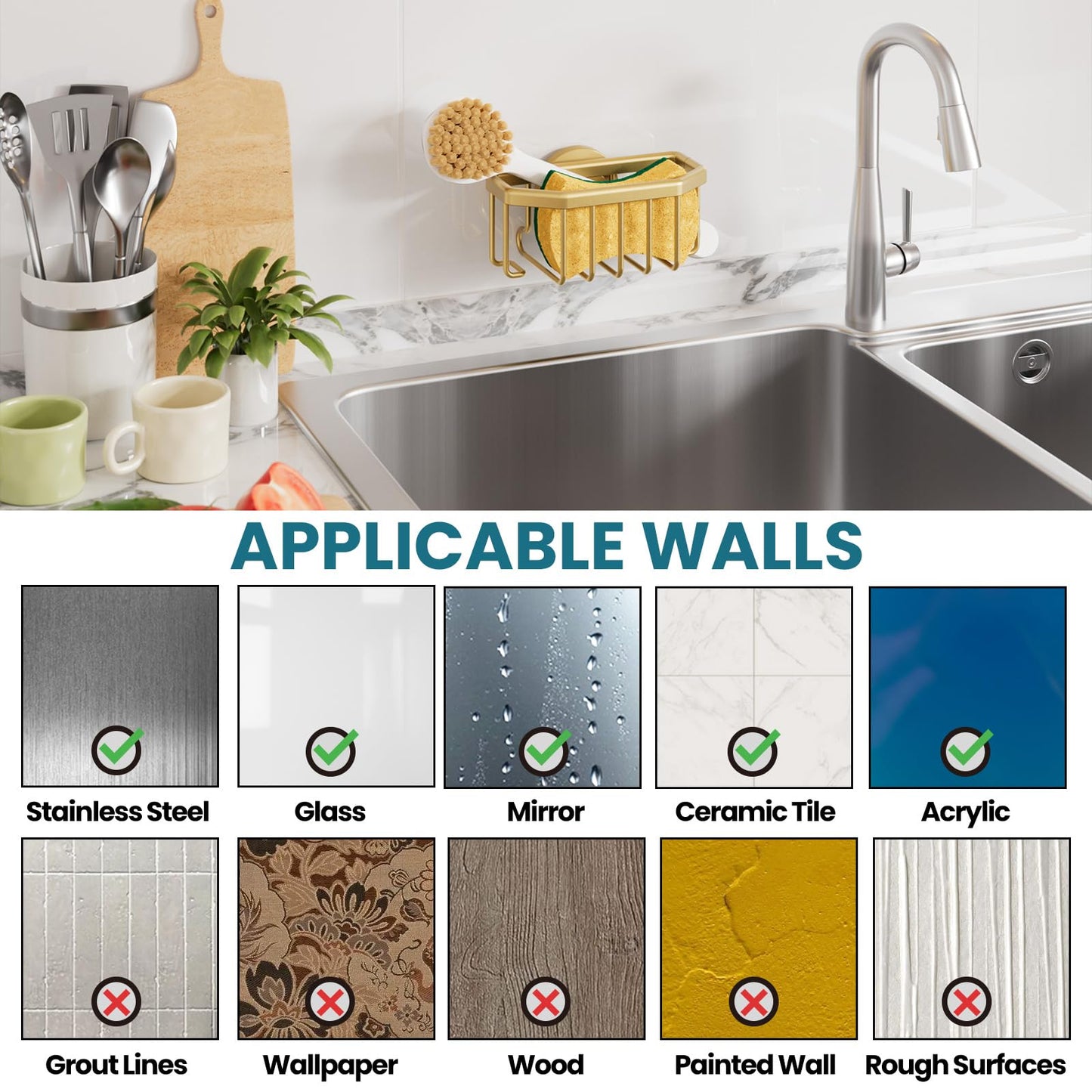 TAILI Sponge Holder for Kitchen Sink with Strong Suction Cup, Rustproof Aluminum Sink Caddy for Sponges, Brushes, Stoppers & Scrapers, Gold