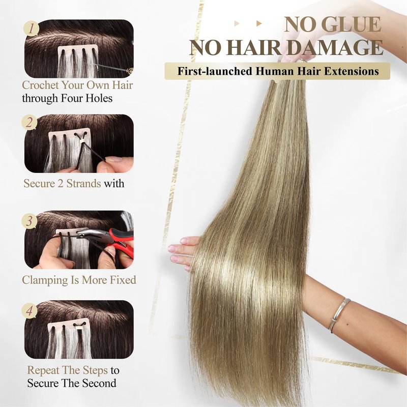 WIGER No Glue Highlighted Honey Blonde Micro Bead Hair Extensions Ombre Ash Blonde PU Insert Skin Weft Remy Human Hair Extensions Seamless Balayage Invisible Hair Extensions (50g, 20 Pcs)