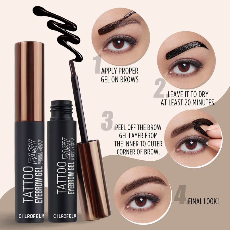 Cilrofelr Tattoo Peel Off Eyebrow Gel, Easy Tattoo Brow Peel Off Gel, Last Up to 3 Days, Waterproof, Transfer-proof, For Fuller & Defined Looking Brows, Dark Brown (2 Pack)