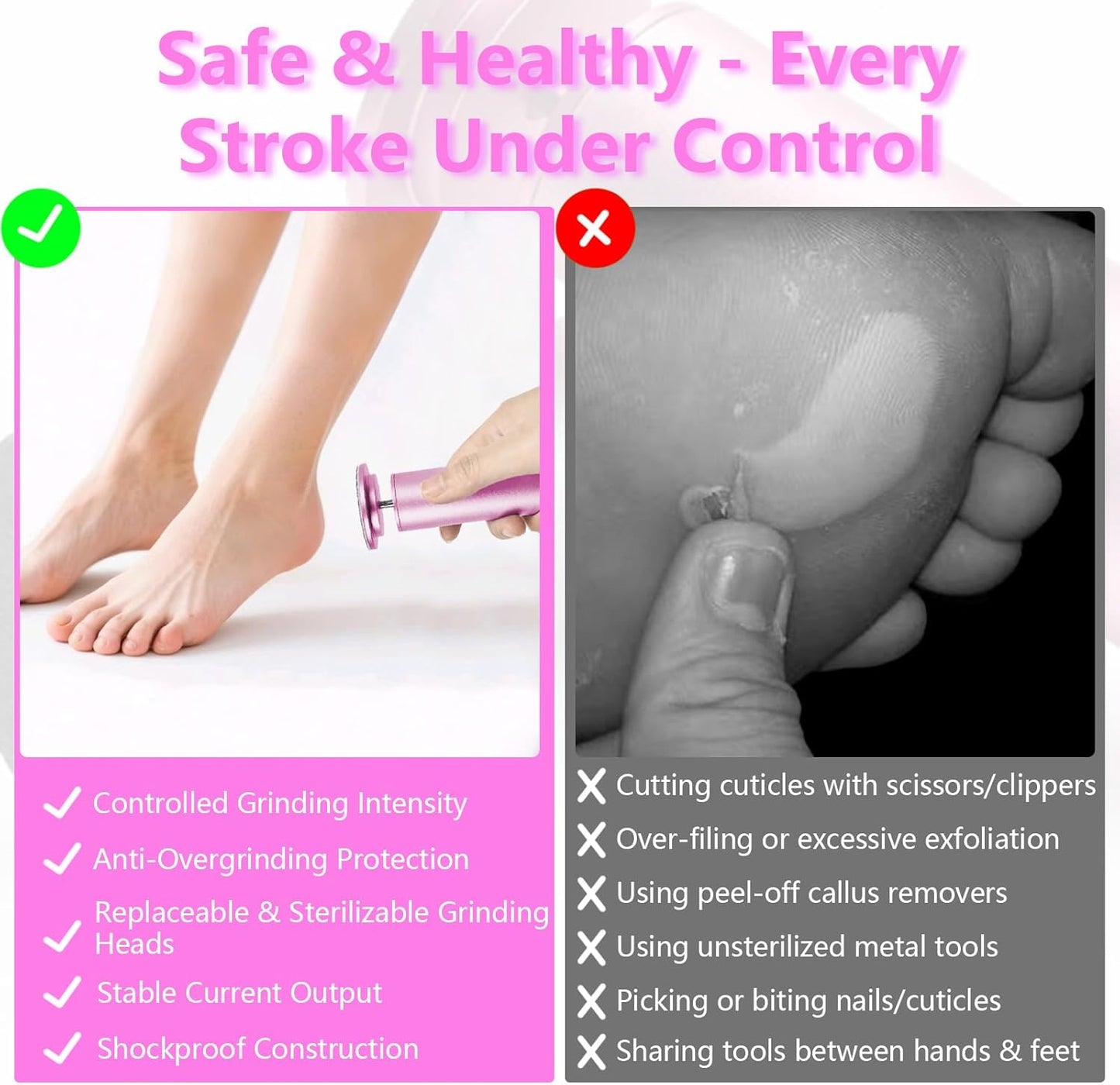 Electric Foot Callus Remover & Nail Drill - 60 Sandpapers, 20 Grinding Heads, Pink