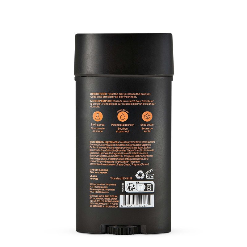 ATTITUDE Aluminum-Free Deodorant for Men, 95% Natural Origin Ingredients, EWG Verified, Plant Based Odor Control, With Baking Soda, Patchouli & Bourbon, 2.64 Oz