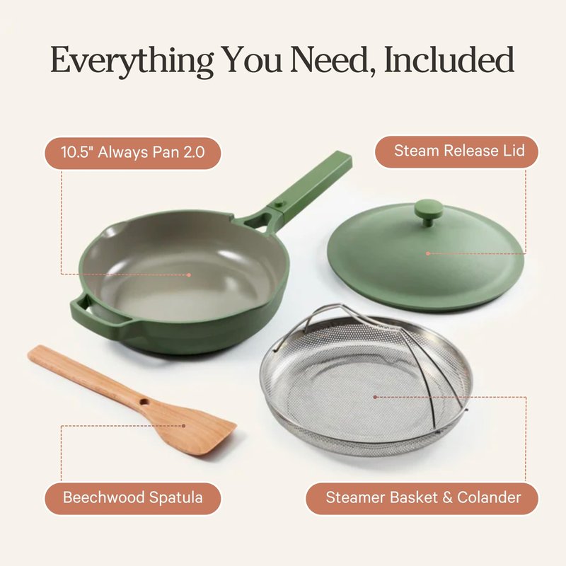 Our Place Always Pan 2.0 | 10.5" Ceramic Pan with Modular Lid, Steamer Basket & Spatula | Patented 10-in-1 Nonstick, Non-Toxic Cookware Made Without PFAS | Induction & Oven-Safe up to 450°F | Sage