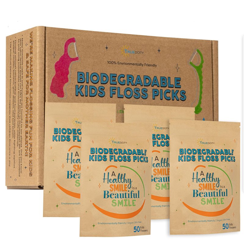 Biodegradable Kids Flossers -200 Pack, Natural Kids Floss Picks, Fluoride Free, Biodegradable Floss Pick, Organic Animal Dental Floss Picks, Dental Floss Sticks - 4 Fun Animal Designs