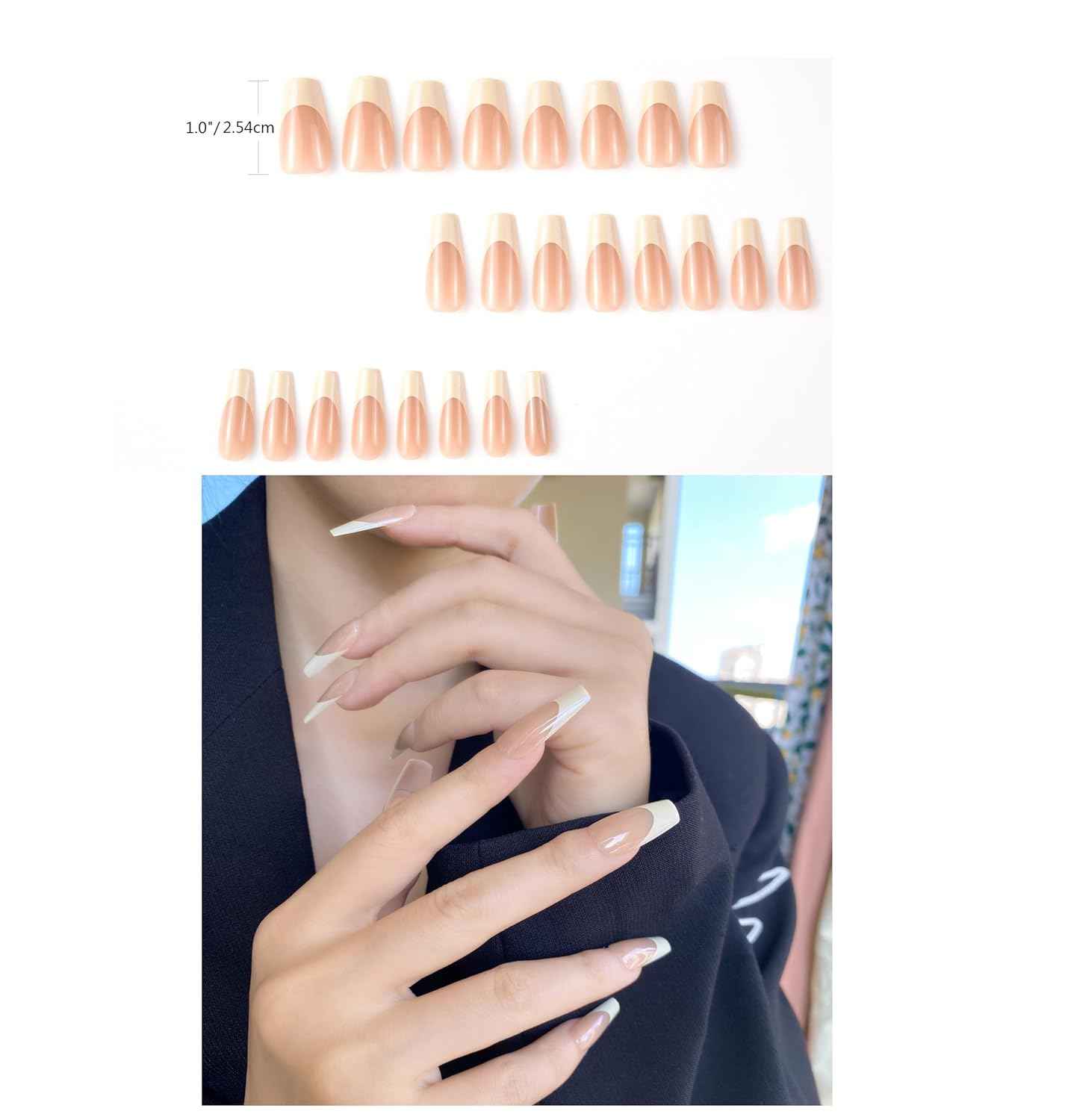 French Tip Press-On Nails Set - 30 PCS Elegant Pink Coffin Nails for Women