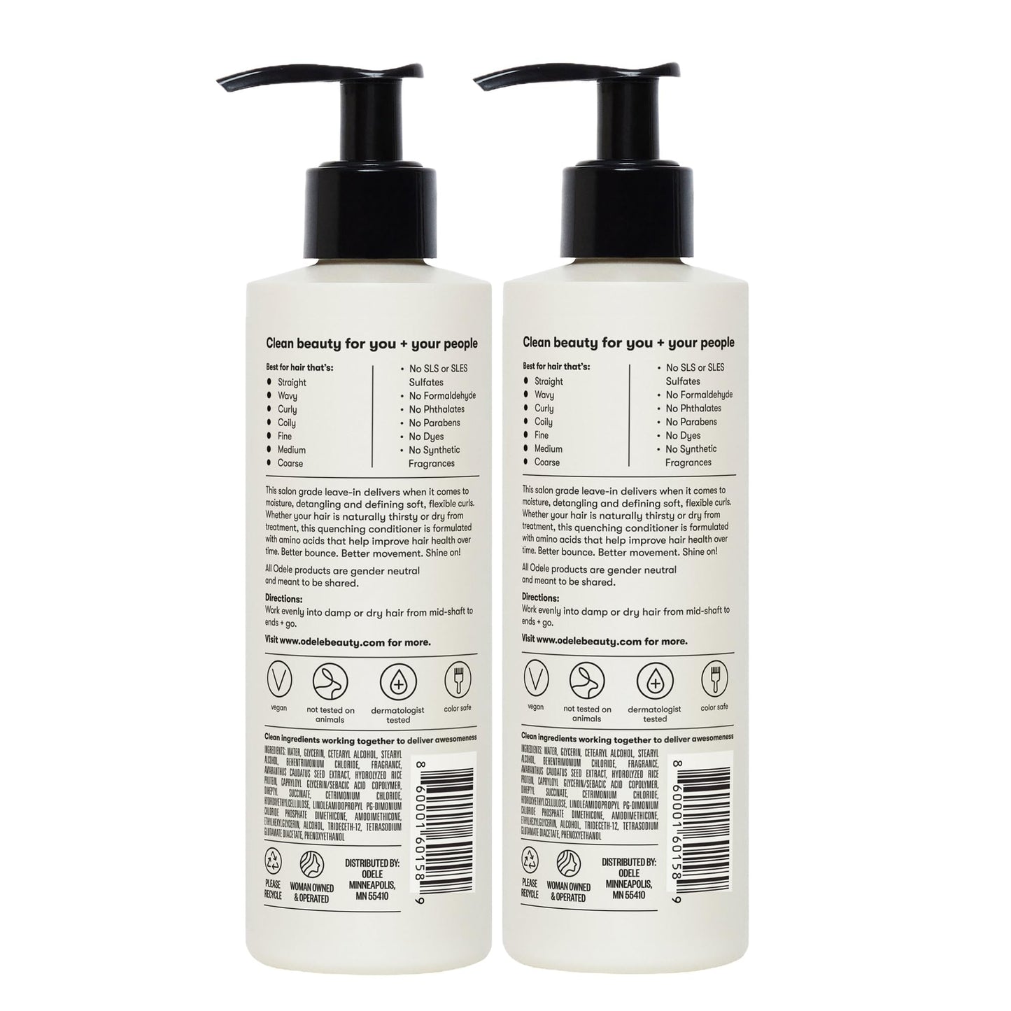 Odele Vegan Leave-In Conditioner, for Deep Moisture, Detangling, Frizz Control, Weightless Shine, and All Hair Types + Textures, 8 fl oz (2-Pack)