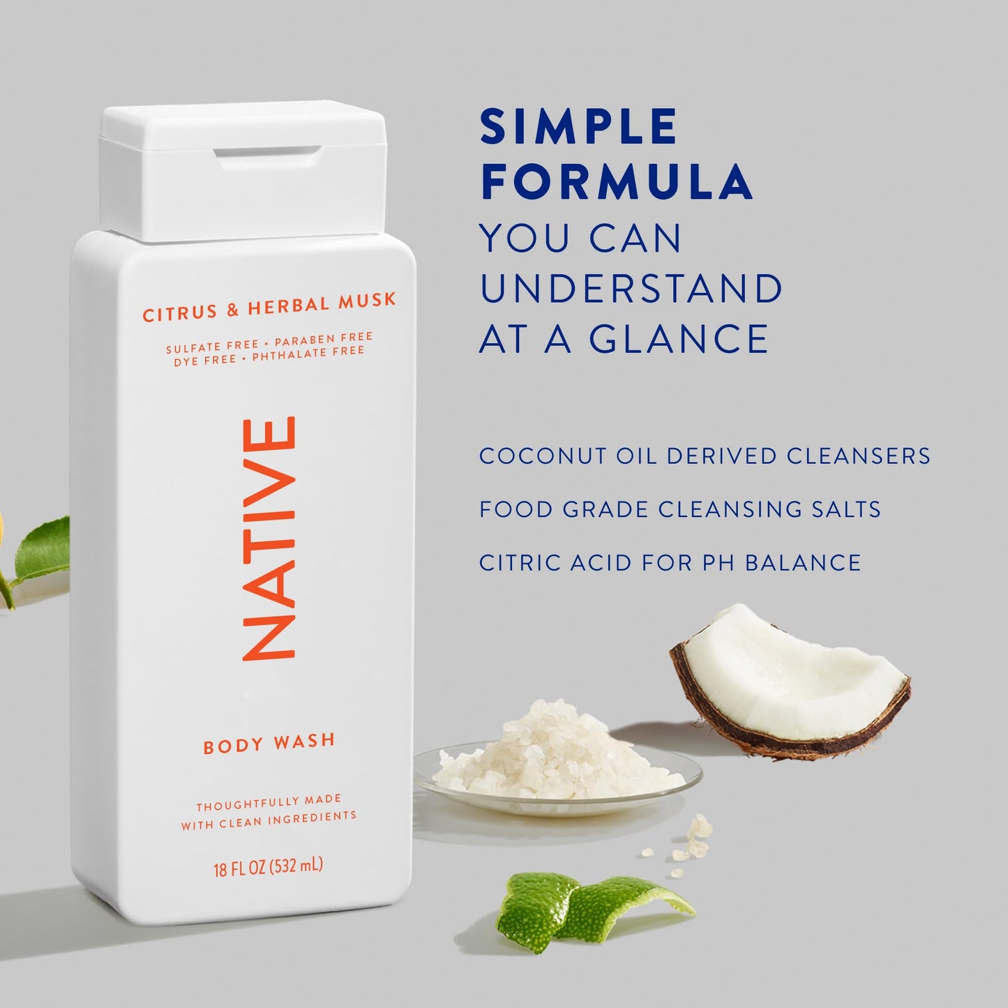 Native Body Wash Contains Naturally Derived Ingredients | For Women & Men, Sulfate, Paraben, & Dye Free Leaving Skin Soft and Hydrated | Citrus & Herbal Musk 18 oz (Pack of 2)