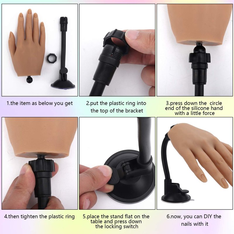 Silicone Practice Hand for Acrylic Nails, Realistic Flexible Fake Nail Hand Practice with Bracket, Soft Bendable Mannequin Hand for Nail Practice Hands for Nail Technician and Beginner