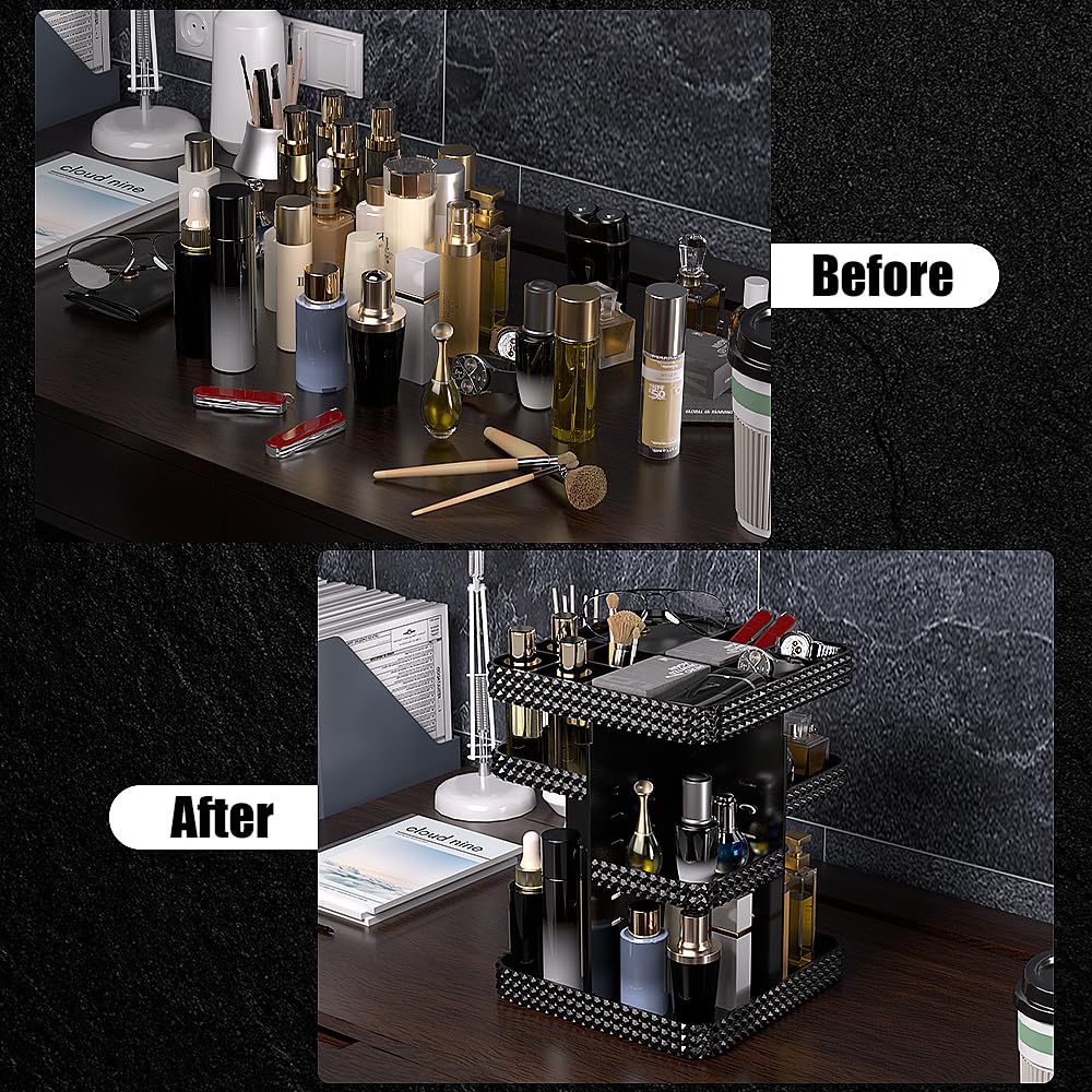 Famitree 360° Rotating Makeup Organizer, Organizador De Perfumes Large Capacity Cosmetics Storage Vanity Shelf Countertop, Fits Cosmetics, Perfume, Skin Care, Lipsticks (Black)