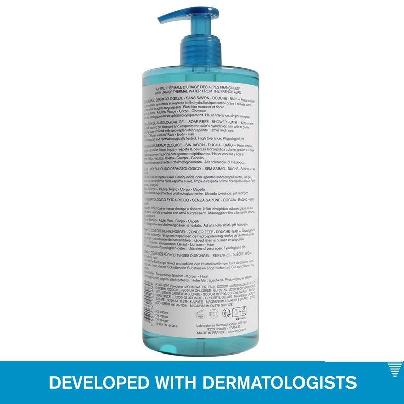 Uriage Extra-rich Dermatological Face & Body Wash for Sensitive Skin, Preserves the Hydrolipidic Film of the Skin, Fresh Foaming Body Cleanser, Paraben & Soap-Free, Physiological pH