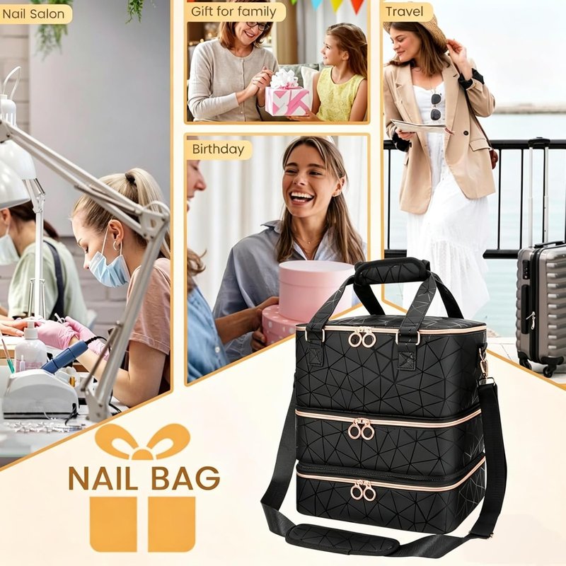 Nail Polish Organizer Bag - 84 Bottle Capacity | 3-Layer PU Leather Storage Case with Shoulder Strap for Nail Techs