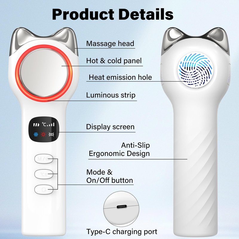 Cool and Hot Facial Firming Device, Light Face Tool with Vibration, Facial Massager with 8-21°C Cold, 38-47°C Hot, Electric Skin Care Kit