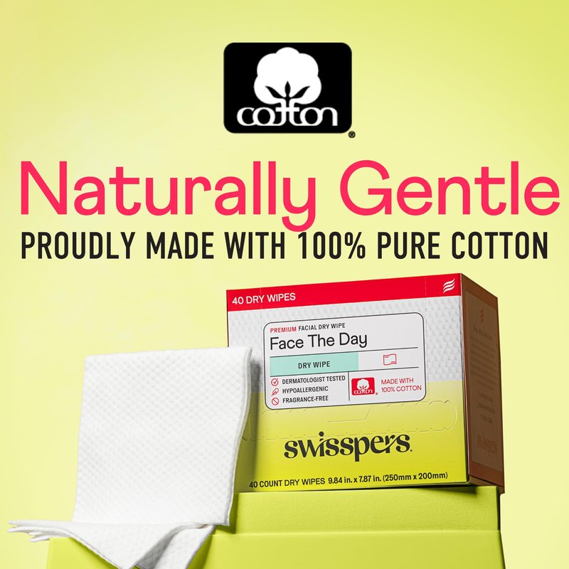 Swisspers Premium 100% Cotton Dry Facial Wipes - Hypoallergenic, Biodegradable Beauty Cloths with Dot Embossing - Vegan Makeup Remover Towelettes for Women & Men, 40 Count (Pack of 4)
