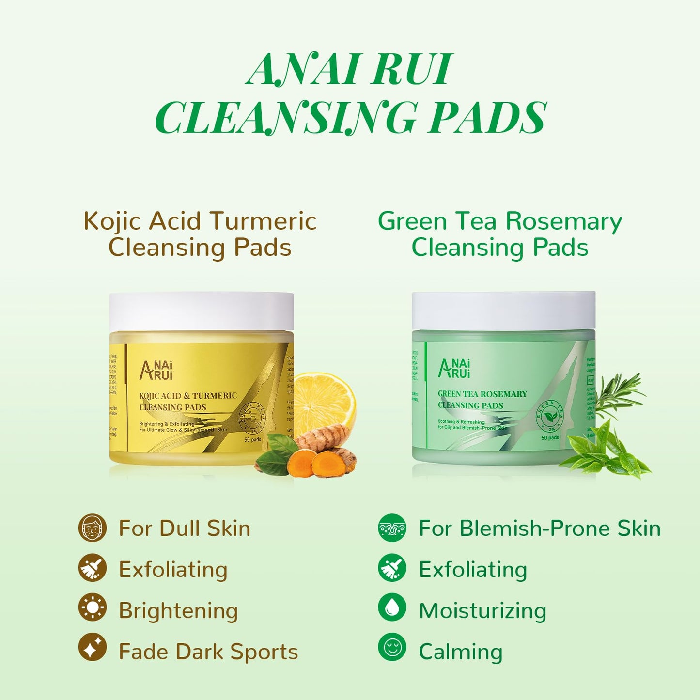 ANAI RUI Green Tea Rosemary Cleansing Pads, 50pcs