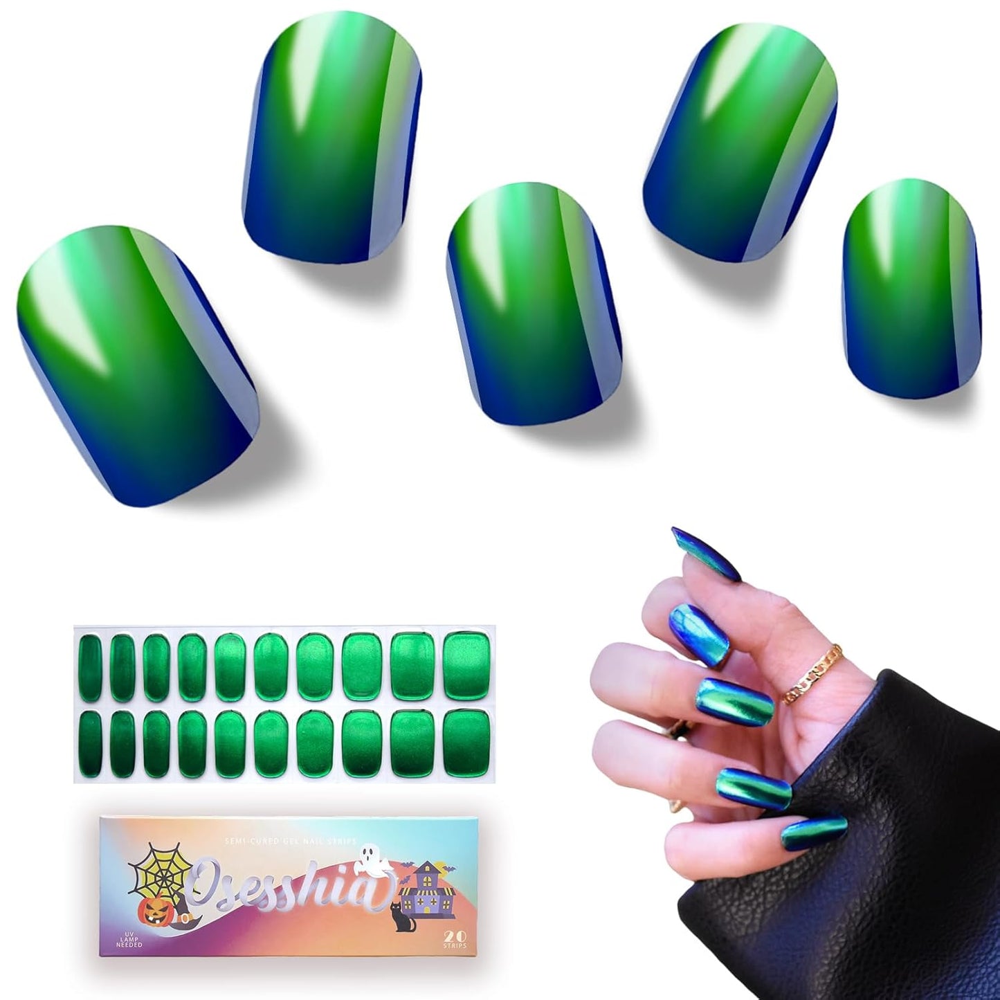 Semi Cured Gel Nail Strip Starter Kit - 60 Nail Stickers, UV Lamp & Tools for Salon Quality Christmas Nails