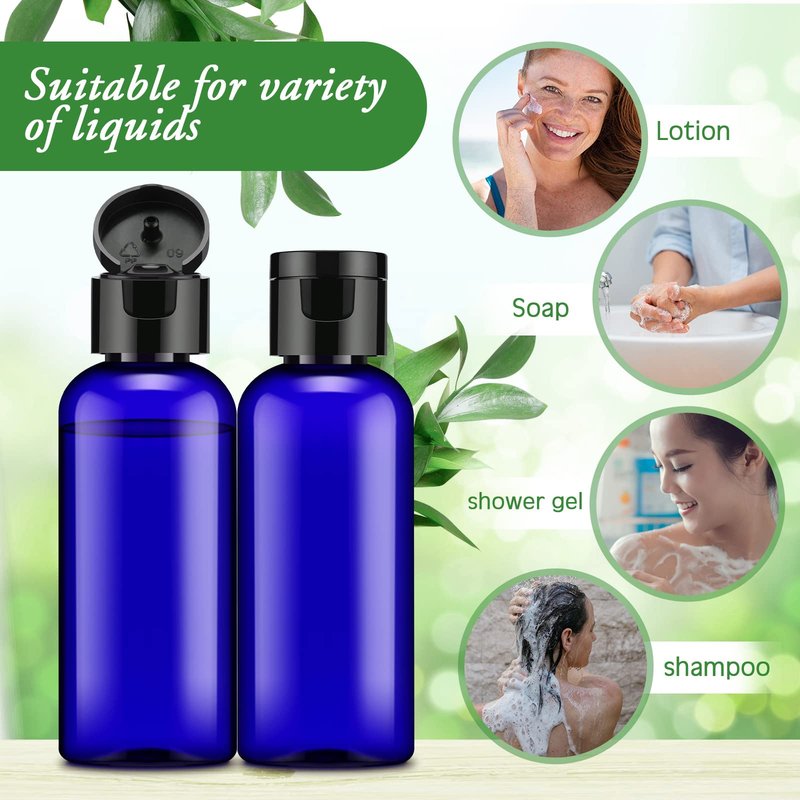 Eccliy 100 Pack 2 oz Plastic Bottles Travel Lotion Bottle Squeeze Container Plastic Bottles with Caps Small Travel Empty Refillable Toiletry Containers for Liquid Lotion Creams with 5 Funnels(Blue)