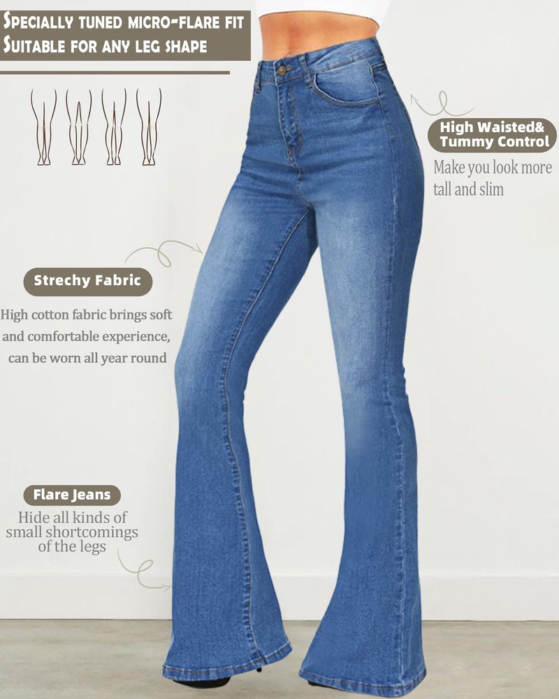 BISUAL Women's Fashion High Rise Jeans Slimming Wide Leg Stretch Denim Flare Bellbottom Jeans (Light Blue, US 8)