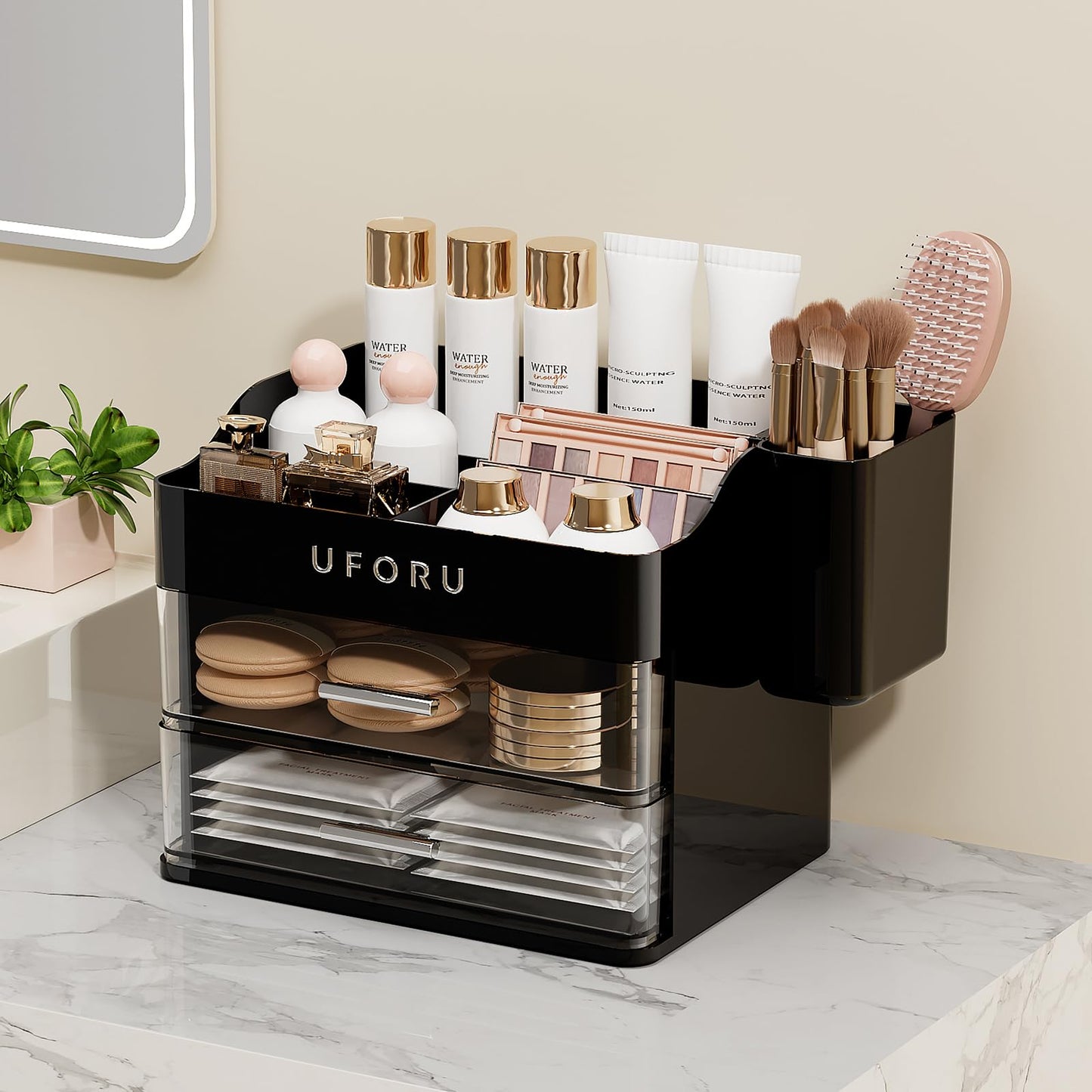 UFORU Makeup Organizer for Vanity with Brush Holder, Countertop Skincare Organizer with 2 Drawers, Spacious Cosmetic Display Case for Perfumes, Cologne, Shaving Lotion