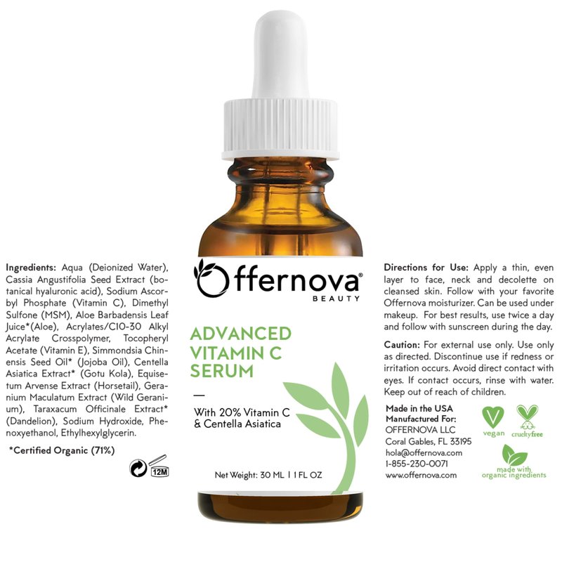 Offernova Organic Vitamin C Serum - 20% Vit C and Hyaluronic Acid Anti Aging Serum for Face, Eyes and Neck. Enhanced Absorption Dark Spot Corrector for Youthful Looking Skin, 1 oz