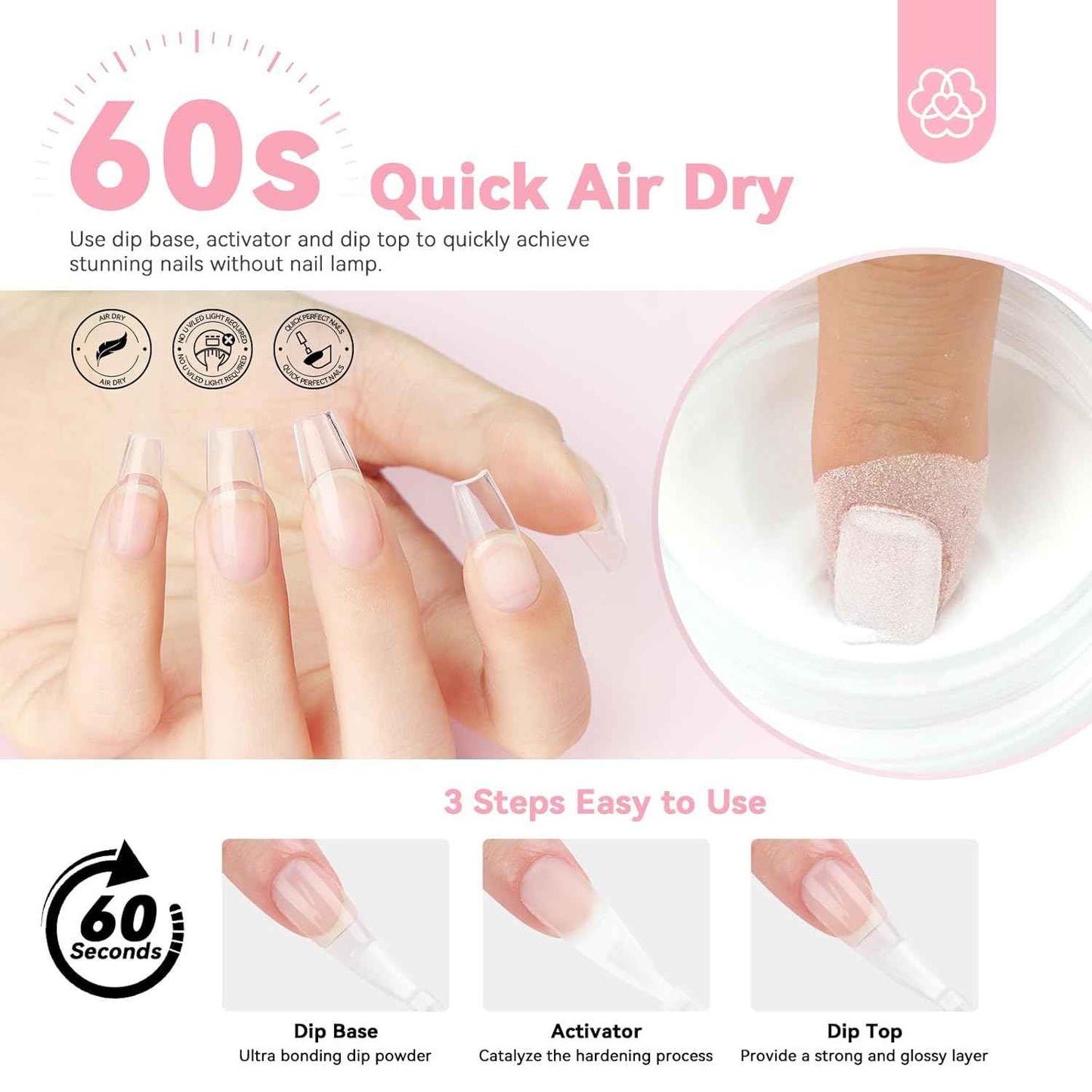 Clear Dip Powder Nail Kit Starter Set with Dehydrator & Primer for Salon-Quality Nails