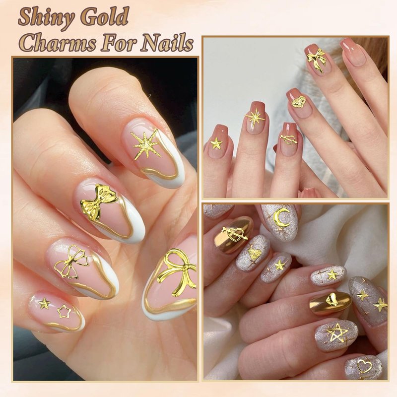 Gold Nail Charms Pearls, Heart Bow Nail Art Charms, Metal Cross Star Moon Nails Studs, Half Round Flatback Nail Pearls Charms, Caviar Nails Beads Charms for Nails Design DIY Craft