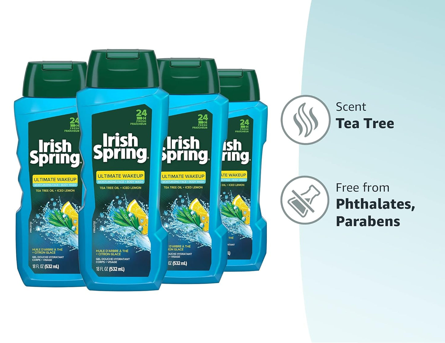 Irish Spring Face & Body Wash | Tea Tree Oil, Moisturizing Formula - 18 Fl Oz, 4 Pack